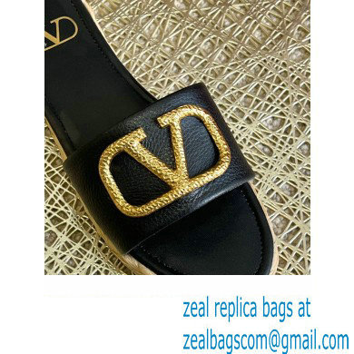 Valentino Leather Vlogo Espadrilles Slide Sandals Black 2022