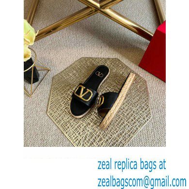 Valentino Leather Vlogo Espadrilles Slide Sandals Black 2022