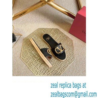 Valentino Leather Vlogo Espadrilles Slide Sandals Black 2022