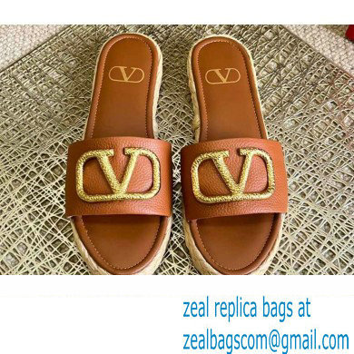 Valentino Leather Vlogo Espadrilles Slide Sandals Brown 2022