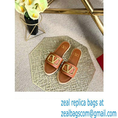 Valentino Leather Vlogo Espadrilles Slide Sandals Brown 2022