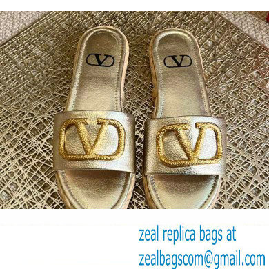 Valentino Leather Vlogo Espadrilles Slide Sandals Light Gold 2022