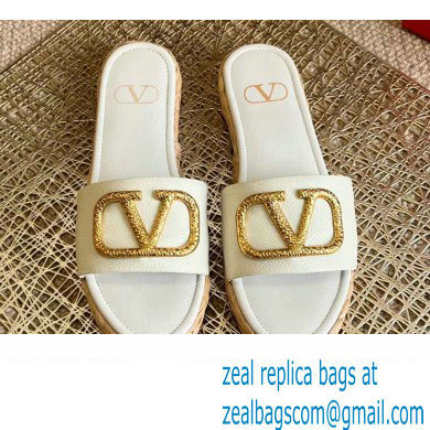 Valentino Leather Vlogo Espadrilles Slide Sandals White 2022 - Click Image to Close