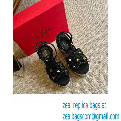 Valentino Roman Stud Macrome Espadrille Wedge Sandals Black 2022