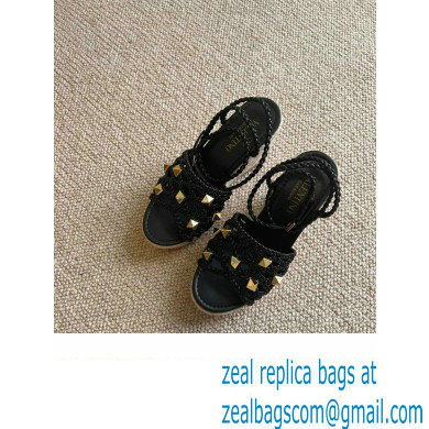 Valentino Roman Stud Macrome Espadrille Wedge Sandals Black 2022