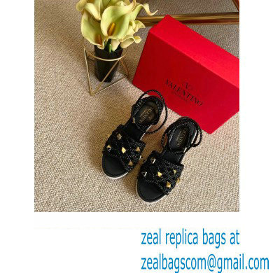 Valentino Roman Stud Macrome Espadrille Wedge Sandals Black 2022