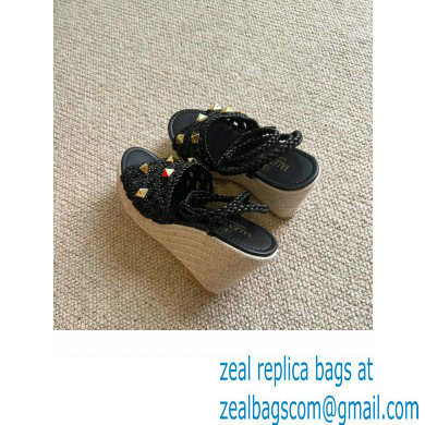 Valentino Roman Stud Macrome Espadrille Wedge Sandals Black 2022