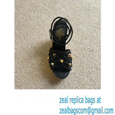 Valentino Roman Stud Macrome Espadrille Wedge Sandals Black 2022