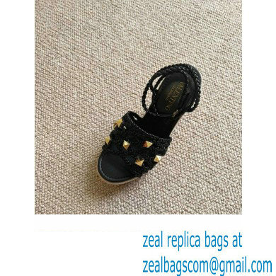 Valentino Roman Stud Macrome Espadrille Wedge Sandals Black 2022