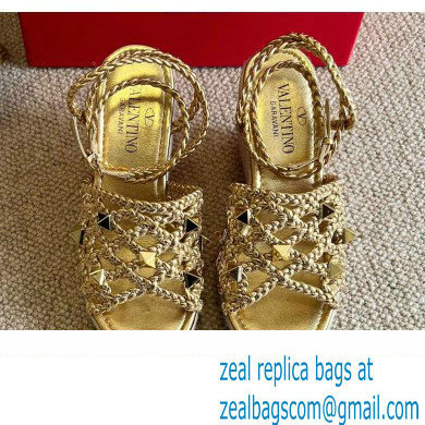 Valentino Roman Stud Macrome Espadrille Wedge Sandals Gold 2022