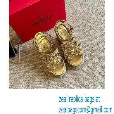 Valentino Roman Stud Macrome Espadrille Wedge Sandals Gold 2022