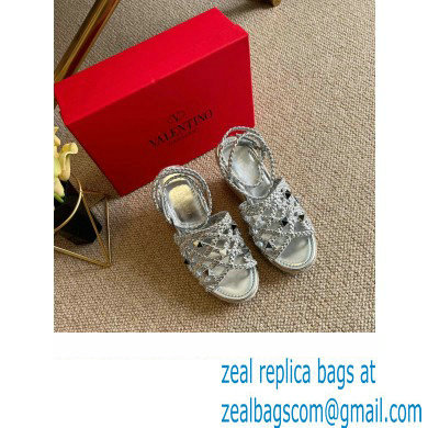 Valentino Roman Stud Macrome Espadrille Wedge Sandals Silver 2022