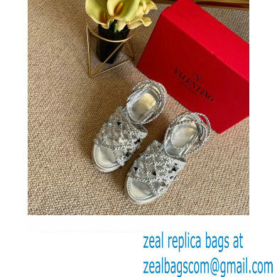 Valentino Roman Stud Macrome Espadrille Wedge Sandals Silver 2022