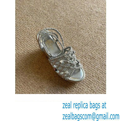 Valentino Roman Stud Macrome Espadrille Wedge Sandals Silver 2022