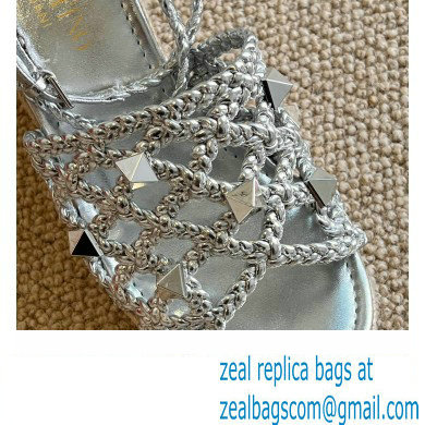 Valentino Roman Stud Macrome Espadrille Wedge Sandals Silver 2022