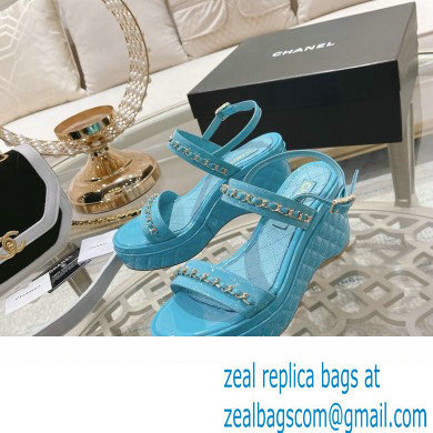 Chanel Chain Platform Sandals Patent Blue 2022