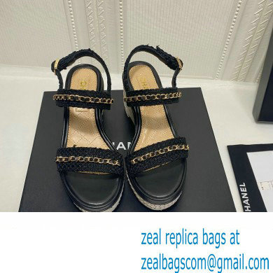 Chanel Chain Platform Sandals Tweed Black 2022