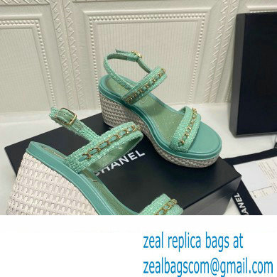 Chanel Chain Platform Sandals Tweed Green 2022
