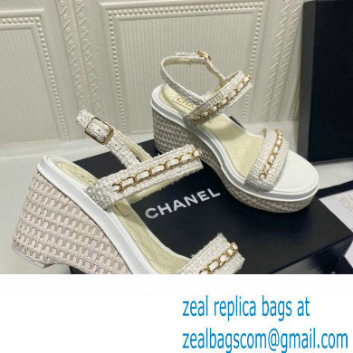 Chanel Chain Platform Sandals Tweed White 2022