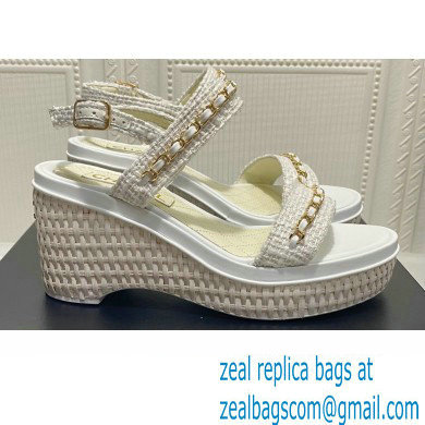 Chanel Chain Platform Sandals Tweed White 2022