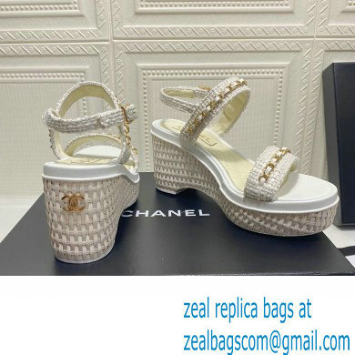 Chanel Chain Platform Sandals Tweed White 2022 - Click Image to Close