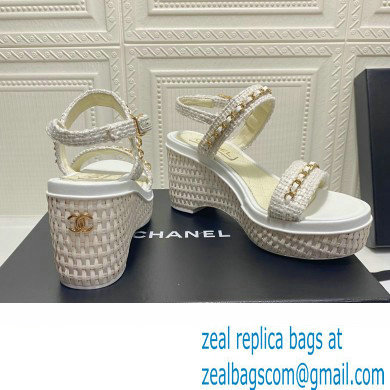 Chanel Chain Platform Sandals Tweed White 2022