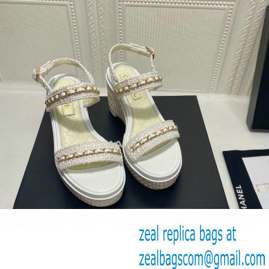 Chanel Chain Platform Sandals Tweed White 2022 - Click Image to Close