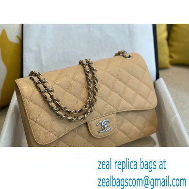 Chanel Large/Jumbo Classic Flap Handbag A58600 in Caviar Leather with Edge Stitching Beige/Silver