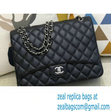 Chanel Maxi Classic Flap Handbag A58601 in Caviar Leather with Edge Stitching Black/Silver