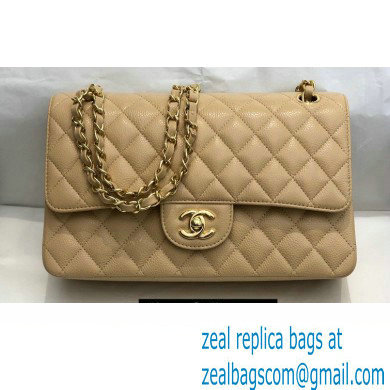 Chanel Medium Classic Flap Handbag A01112 in Caviar Leather with Edge Stitching Beige/Gold