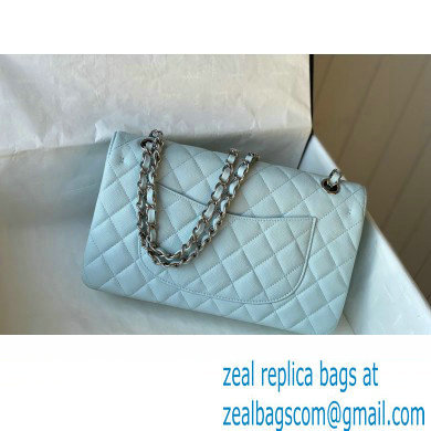 Chanel Medium Classic Flap Handbag A01112 in Caviar Leather with Edge Stitching Pale Blue/Silver