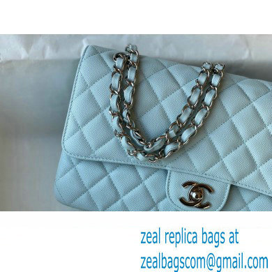 Chanel Medium Classic Flap Handbag A01112 in Caviar Leather with Edge Stitching Pale Blue/Silver