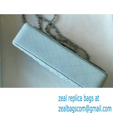 Chanel Medium Classic Flap Handbag A01112 in Caviar Leather with Edge Stitching Pale Blue/Silver