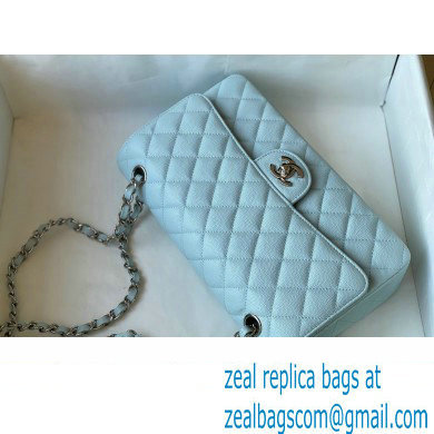 Chanel Medium Classic Flap Handbag A01112 in Caviar Leather with Edge Stitching Pale Blue/Silver