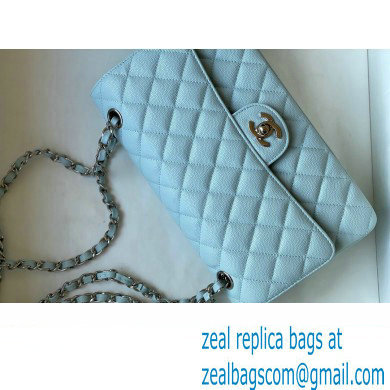 Chanel Medium Classic Flap Handbag A01112 in Caviar Leather with Edge Stitching Pale Blue/Silver