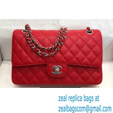 Chanel Medium Classic Flap Handbag A01112 in Caviar Leather with Edge Stitching Red/Silver