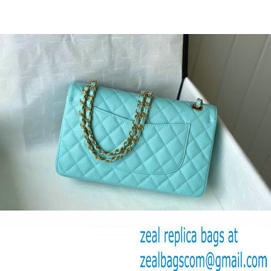 Chanel Medium Classic Flap Handbag A01112 in Caviar Leather with Edge Stitching Tiffany Blue/Gold