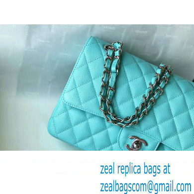 Chanel Medium Classic Flap Handbag A01112 in Caviar Leather with Edge Stitching Tiffany Blue/Silver