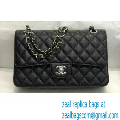 Chanel Medium Classic Flap Handbag A01112 in Caviar Leather with Edge Stitching and Black Lining Black/Silver