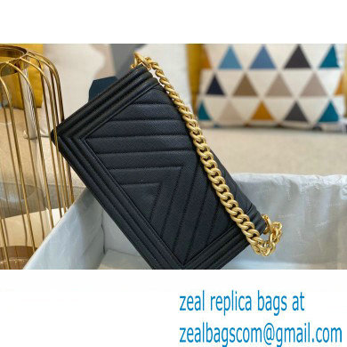Chanel Medium LE BOY Handbag A67086 in Caviar Leather Chevron Black/Aged Gold