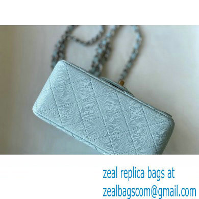 Chanel Mini Classic Flap Handbag A01115 in Caviar Leather with Edge Stitching Pale Blue/Silver