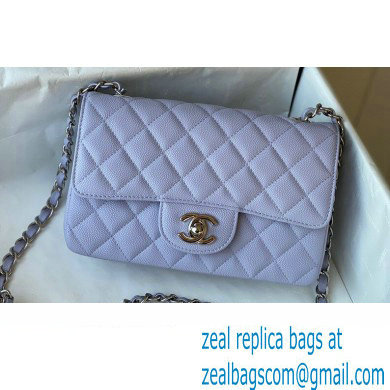 Chanel Small Classic Flap Handbag A01116 in Caviar Leather with Edge Stitching Lavender/Silver