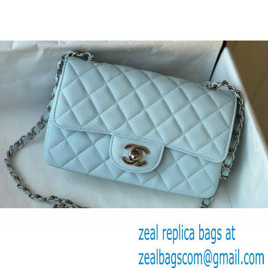 Chanel Small Classic Flap Handbag A01116 in Caviar Leather with Edge Stitching Pale Blue/Silver