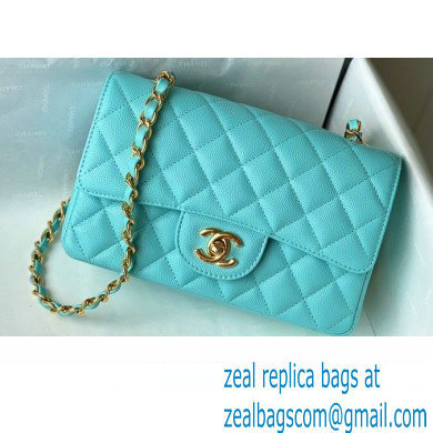 Chanel Small Classic Flap Handbag A01116 in Caviar Leather with Edge Stitching Tiffany Blue/Gold