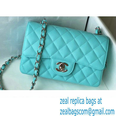 Chanel Small Classic Flap Handbag A01116 in Caviar Leather with Edge Stitching Tiffany Blue/Silver