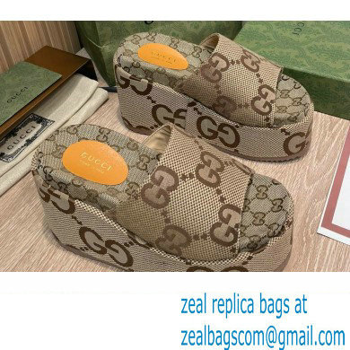 Gucci Heel 12cm Platform 7cm Maxi GG Canvas Slide Sandals 674761 Beige 2022 - Click Image to Close