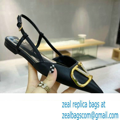 Valentino Crystal VLogo Signature Calfskin Slingback Ballet Flats Black