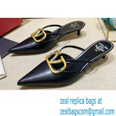 Valentino Crystal VLogo Signature Leather Heel Mules Black 2022