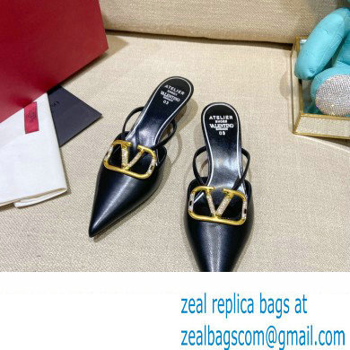Valentino Crystal VLogo Signature Leather Heel Mules Black 2022