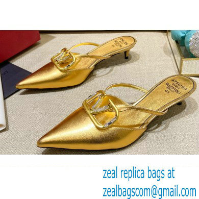 Valentino Crystal VLogo Signature Leather Heel Mules Gold 2022